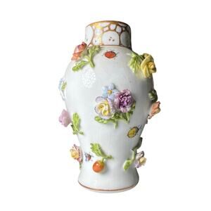 Victorian Meissen Small Vase Encrusted with Flowers and Inlayed Bug Paintings